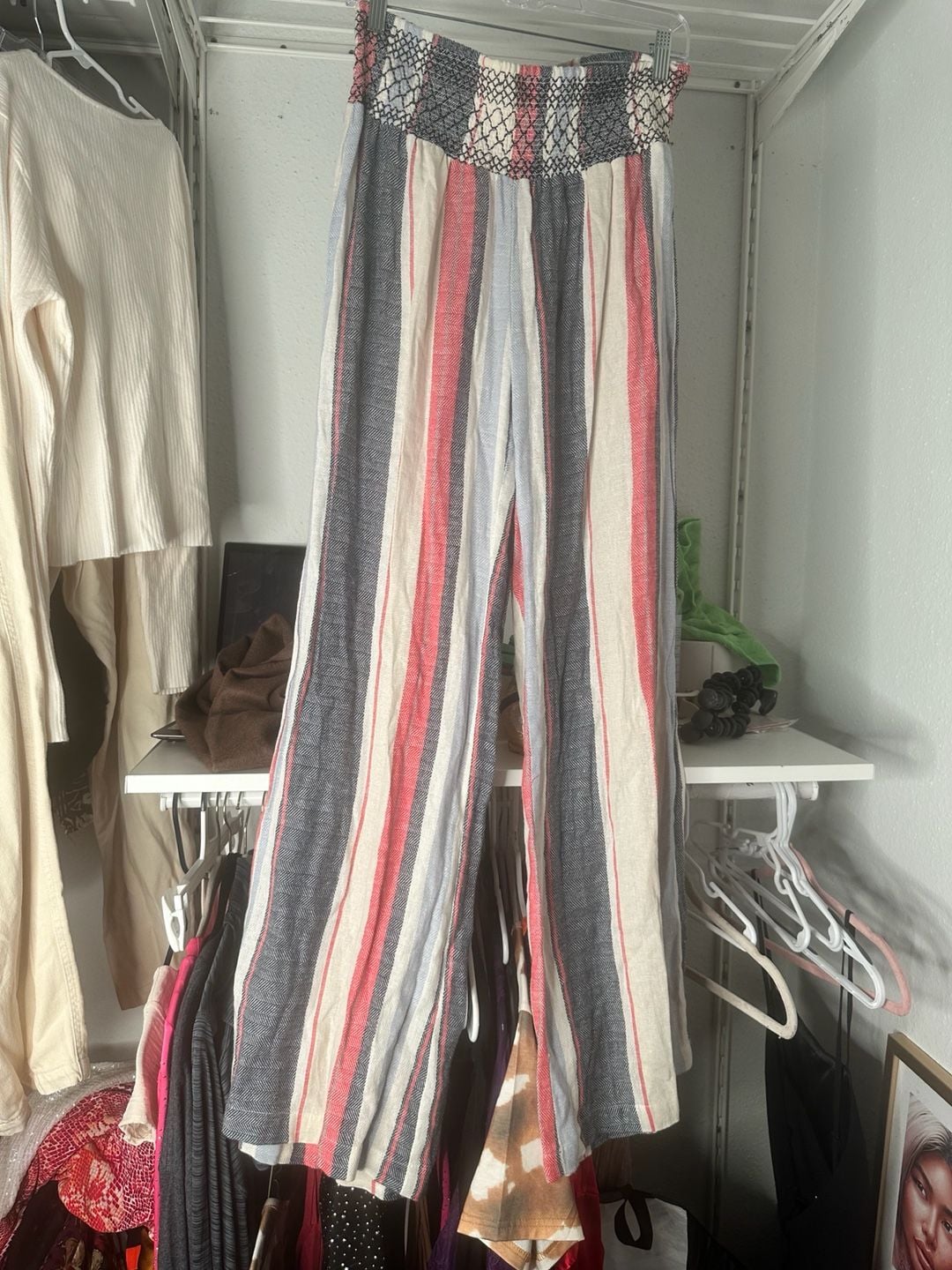 Unbranded Striped Smocked Waist Wide Leg Linen Blend Pants 3