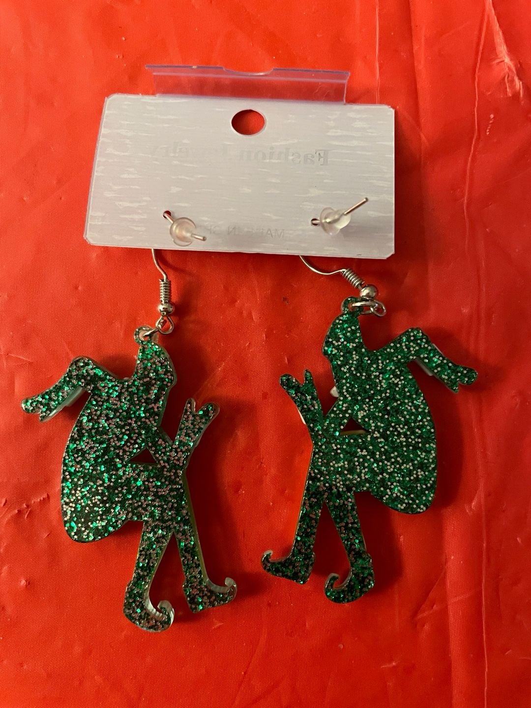 Glitter Green Elf Christmas Dangle Earrings 2