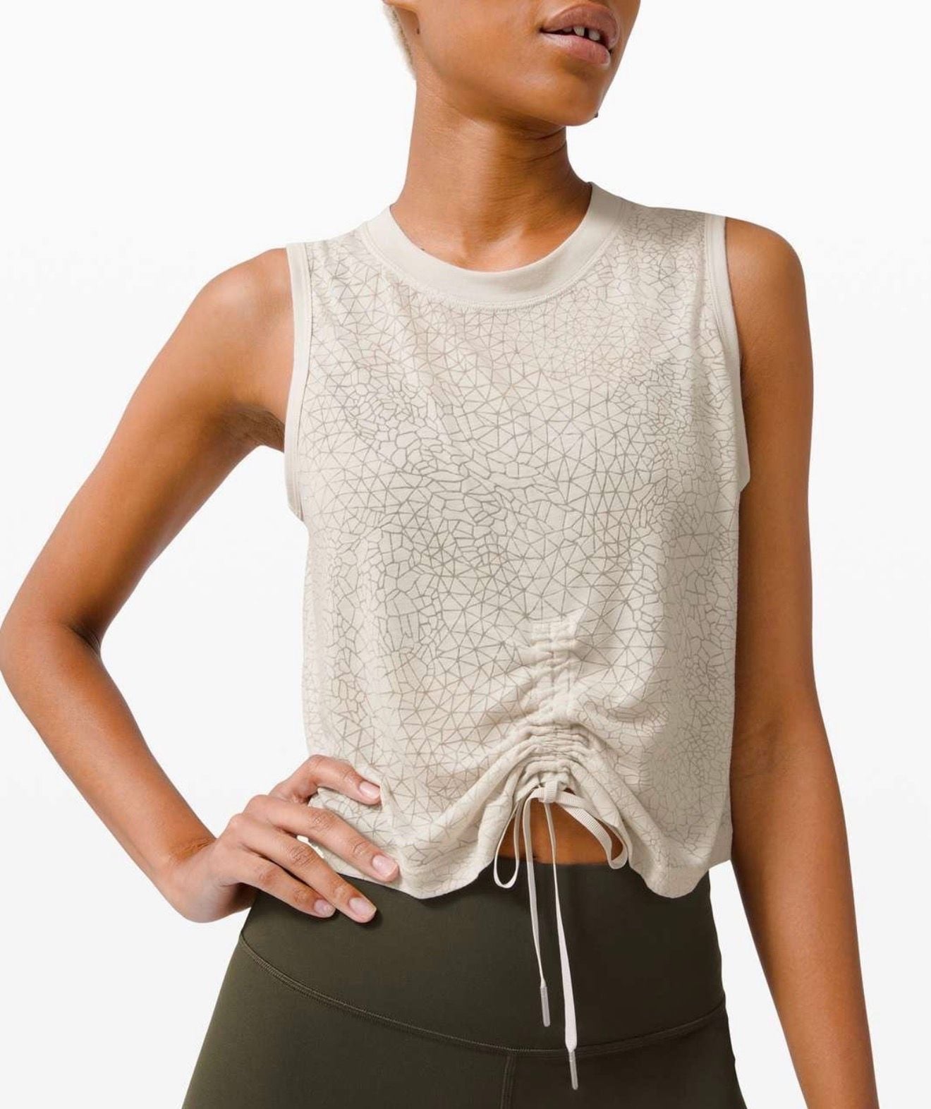 Lululemon Cinch Me Up Front Tank Top Beige Dune Geometric Print Drawstring 2