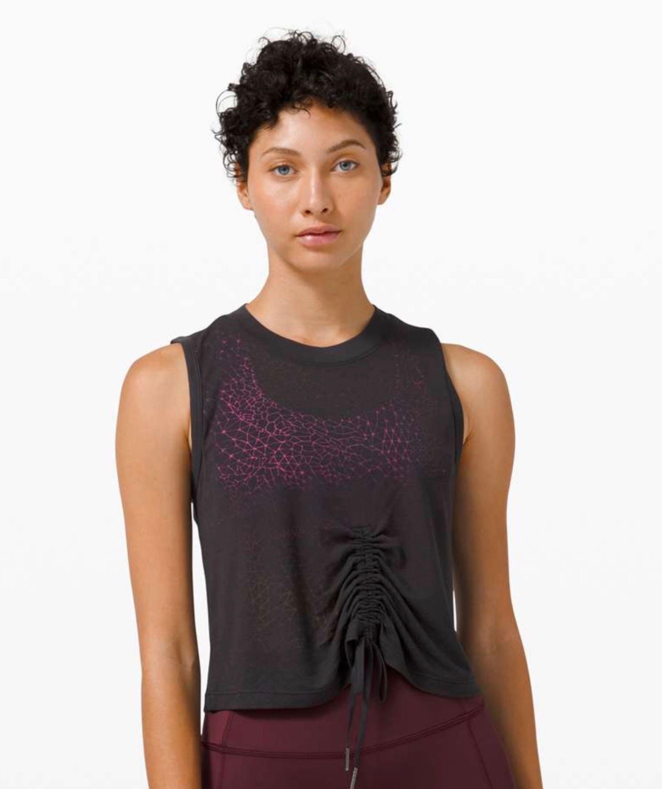 Lululemon Cinch Me Up Front Tank Black Geometric Print Drawstring Crop Top 1