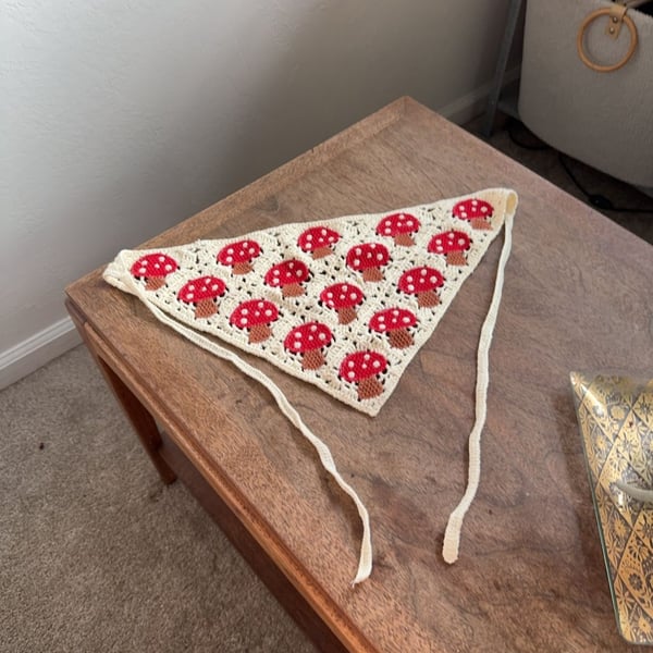 Handmade Crochet Mushroom Pattern Triangle Hair Bandana Scarf