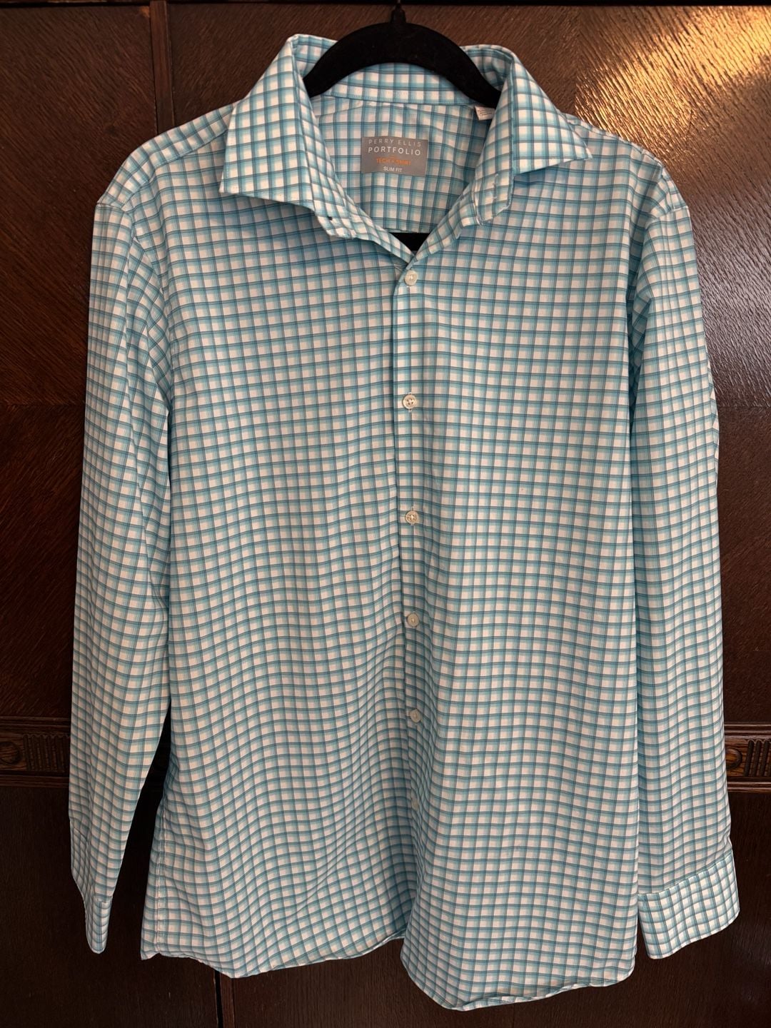 Perry Ellis Portfolio The Tech Shirt Slim Fit Plaid Button Down Shirt 15.5 32/33 1