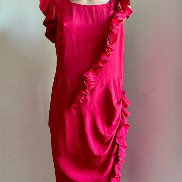 Bensoni Red 100% Silk Ruffled Cocktail Dress Size 10