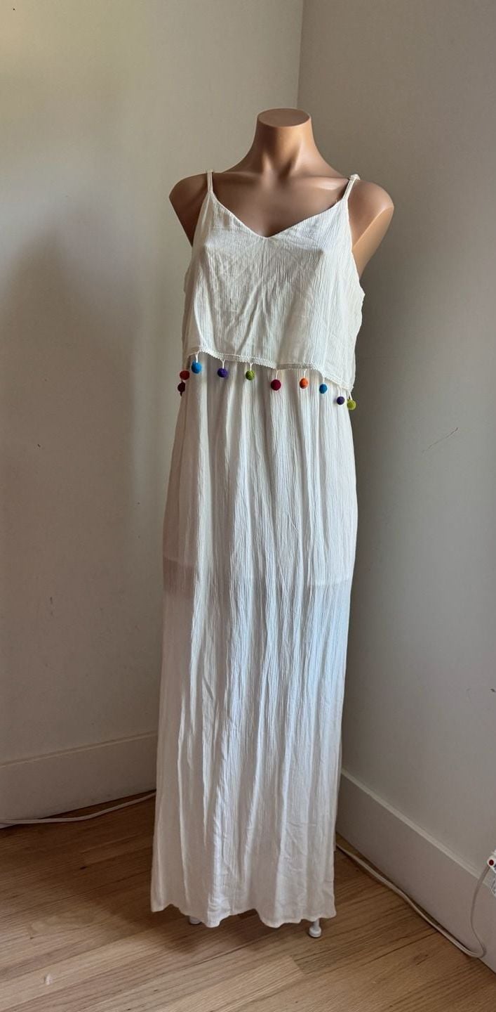 Perfect Bridal or Summer Hint of Blush White Pom Pom Maxi Dress Size S 2