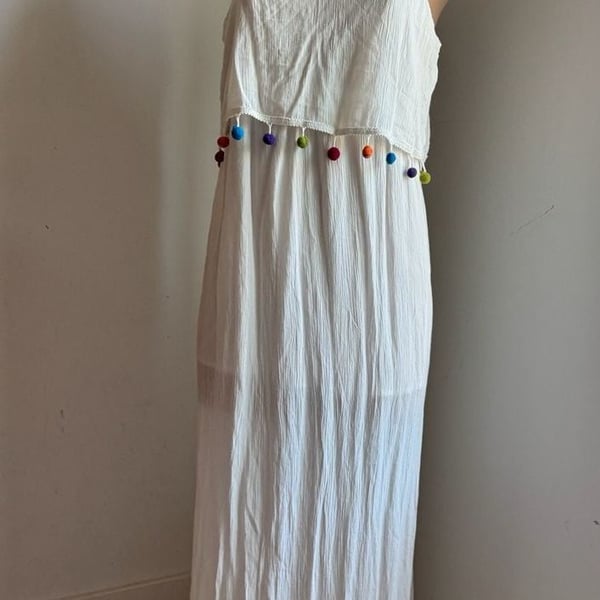 Perfect Bridal or Summer Hint of Blush White Pom Pom Maxi Dress Size S