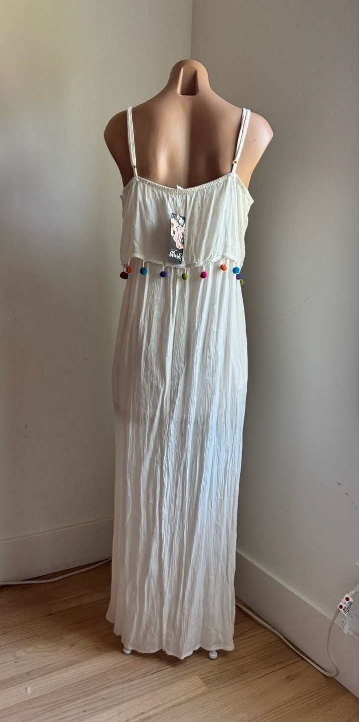 Perfect Bridal or Summer Hint of Blush White Pom Pom Maxi Dress Size S 3