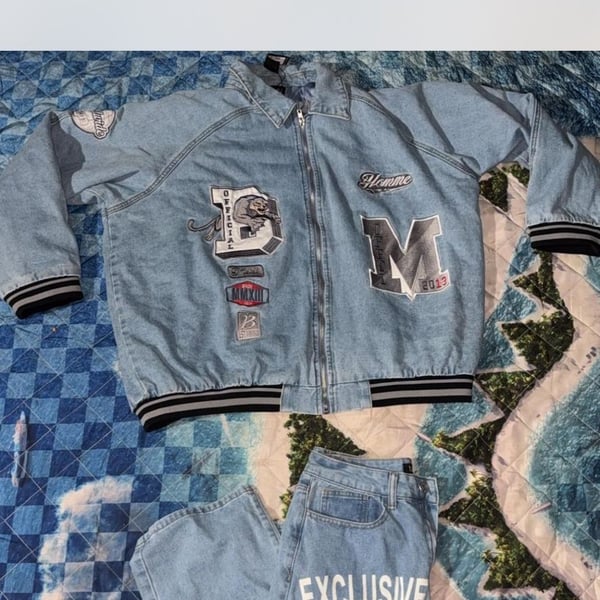 Official Exclusive Homme Denim Varsity Jacket and Jeans Set