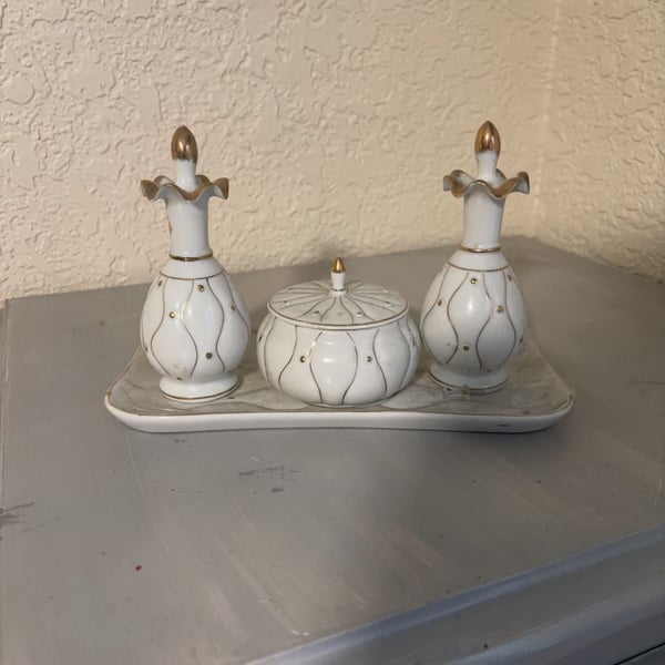 Vintage Japan Porcelain Vanity Set with Two Perfume Bottles and Covered Jar on Tray