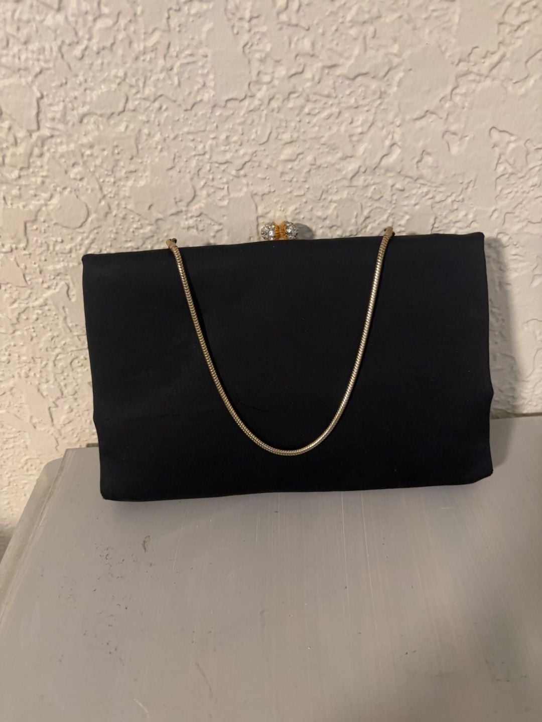 Vintage After Five Black Satin Evening Clutch with Chain and Mirror 1