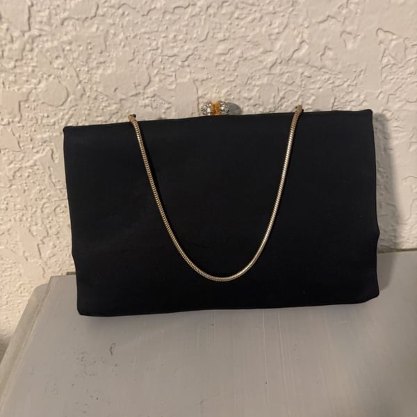 Vintage After Five Black Satin Evening Clutch with Chain and Mirror