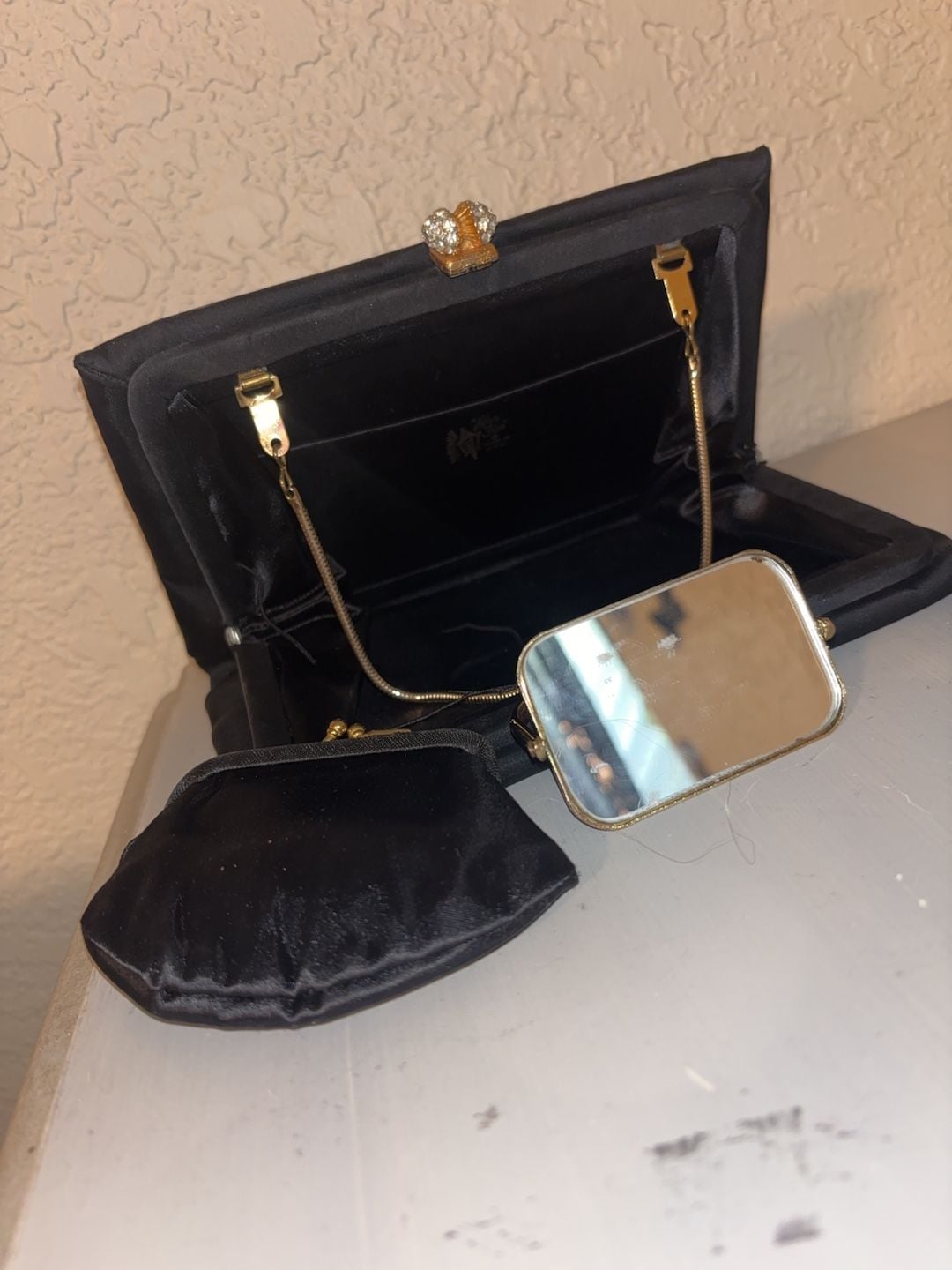 Vintage After Five Black Satin Evening Clutch with Chain and Mirror 2