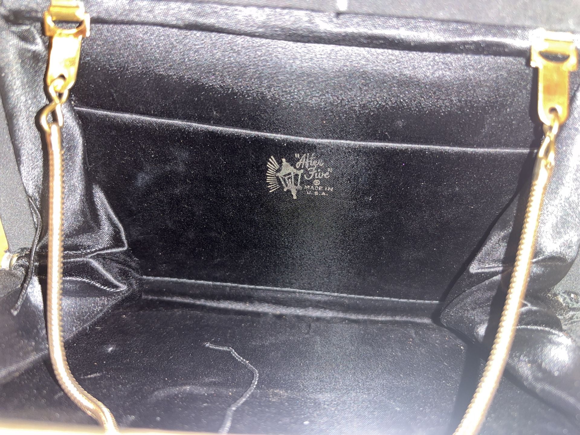 Vintage After Five Black Satin Evening Clutch with Chain and Mirror 3