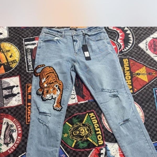Fashion Nova Tiger Embroidered Distressed Slim Fit Jeans
