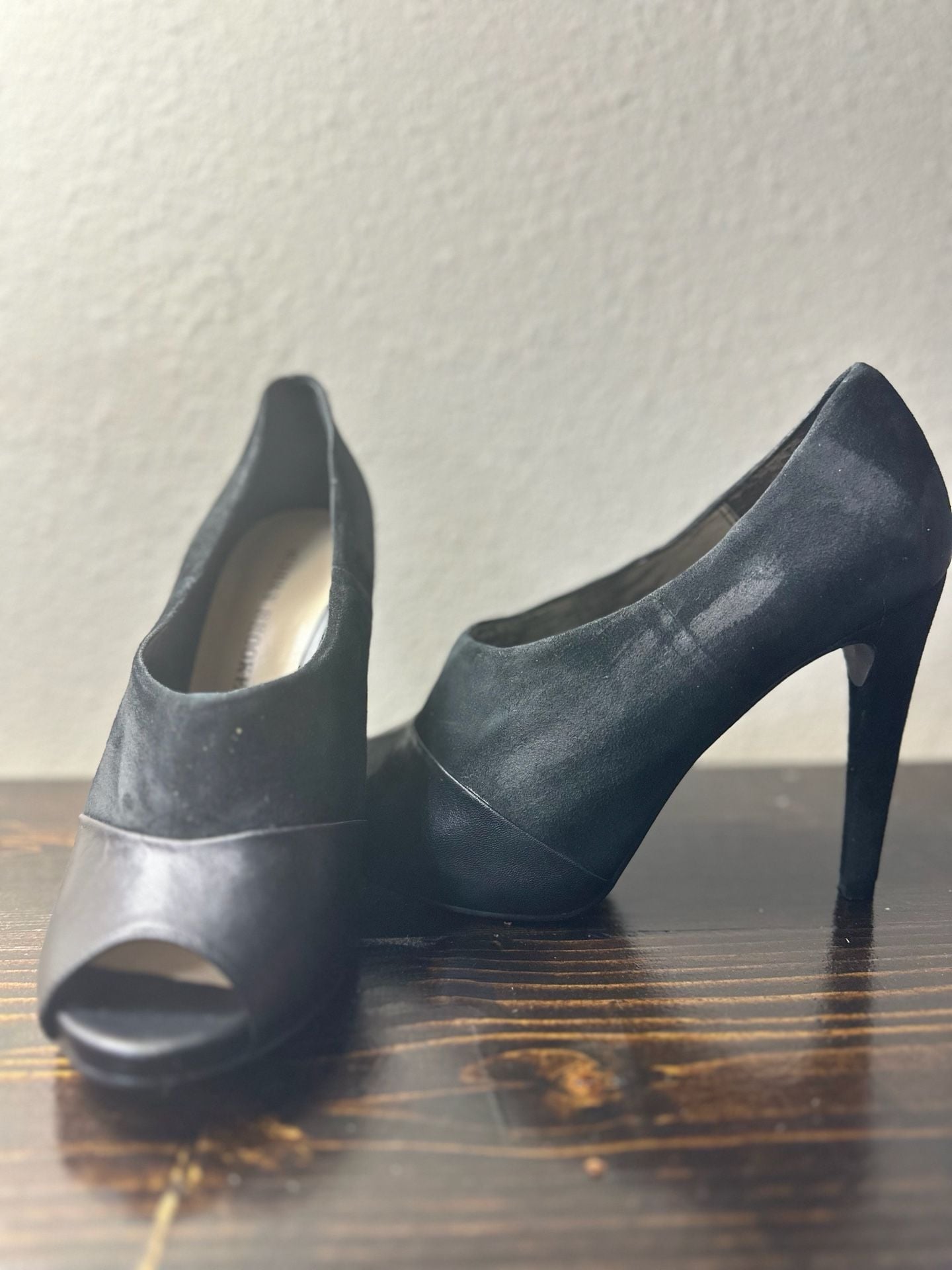 Audrey Brooke Black Suede and Leather Peep Toe Stiletto Heels 2