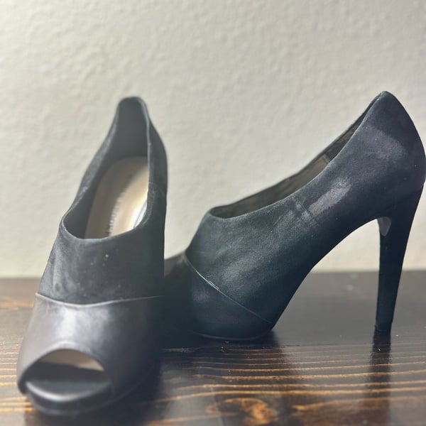Audrey Brooke Black Suede and Leather Peep Toe Stiletto Heels