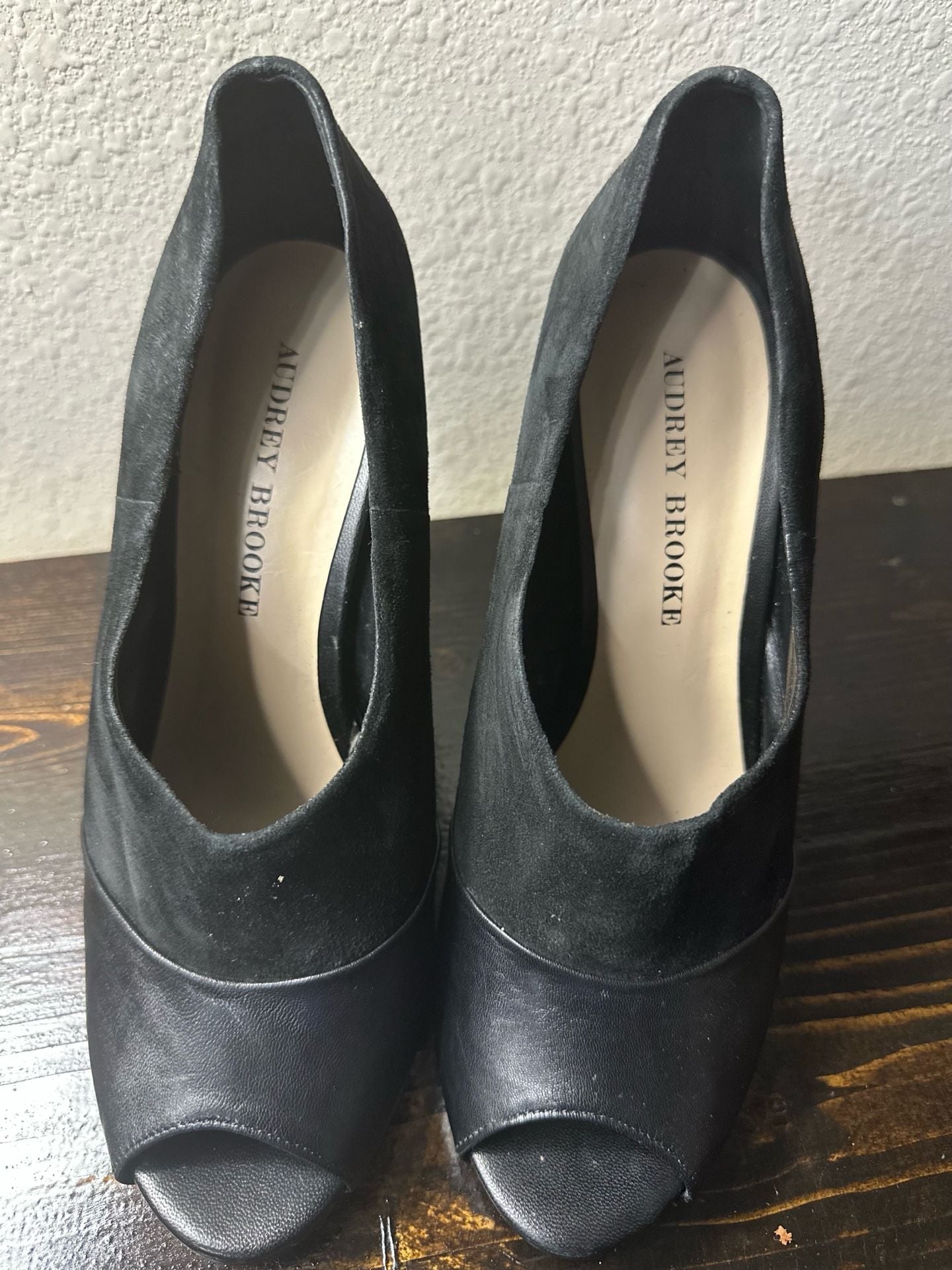 Audrey Brooke Black Suede and Leather Peep Toe Stiletto Heels 3