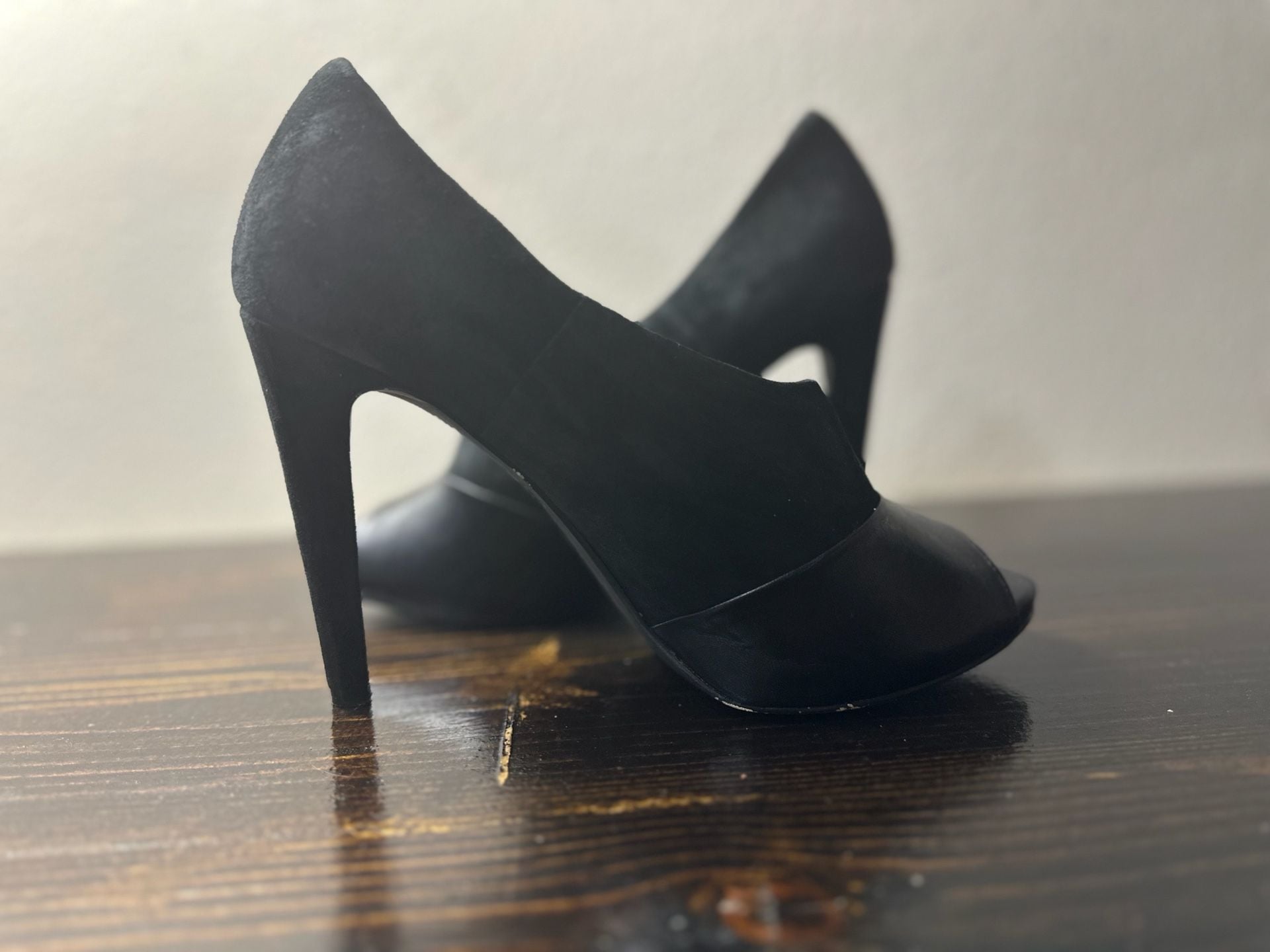 Audrey Brooke Black Suede and Leather Peep Toe Stiletto Heels 4