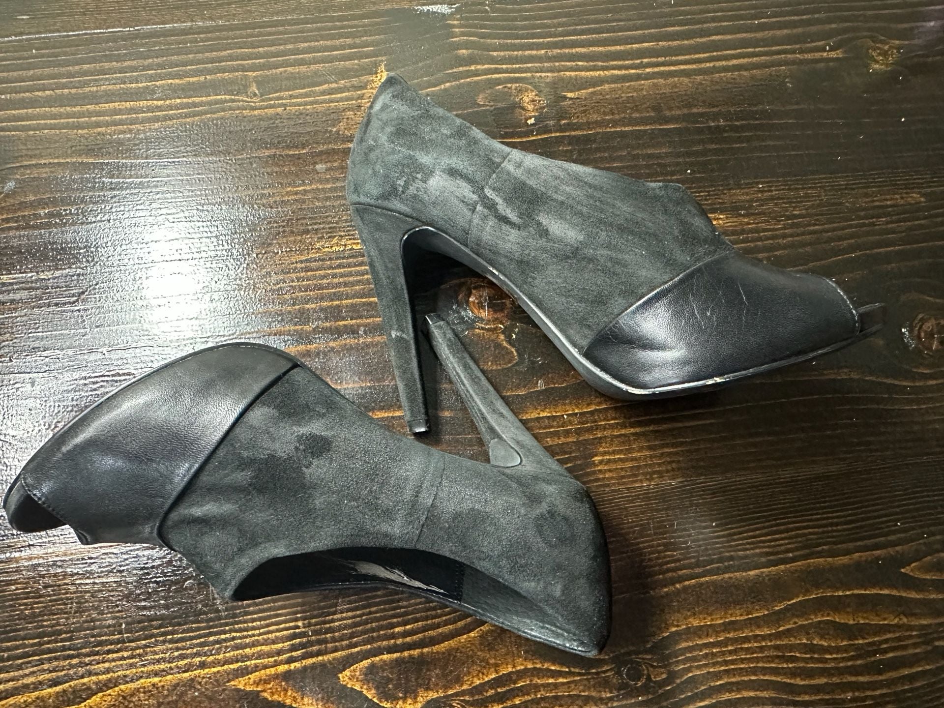 Audrey Brooke Black Suede and Leather Peep Toe Stiletto Heels 5