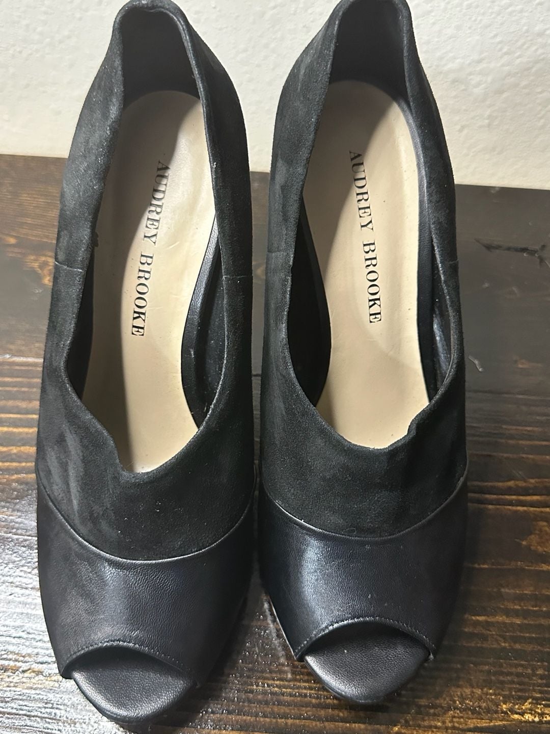 Audrey Brooke Black Suede and Leather Peep Toe Stiletto Heels 9