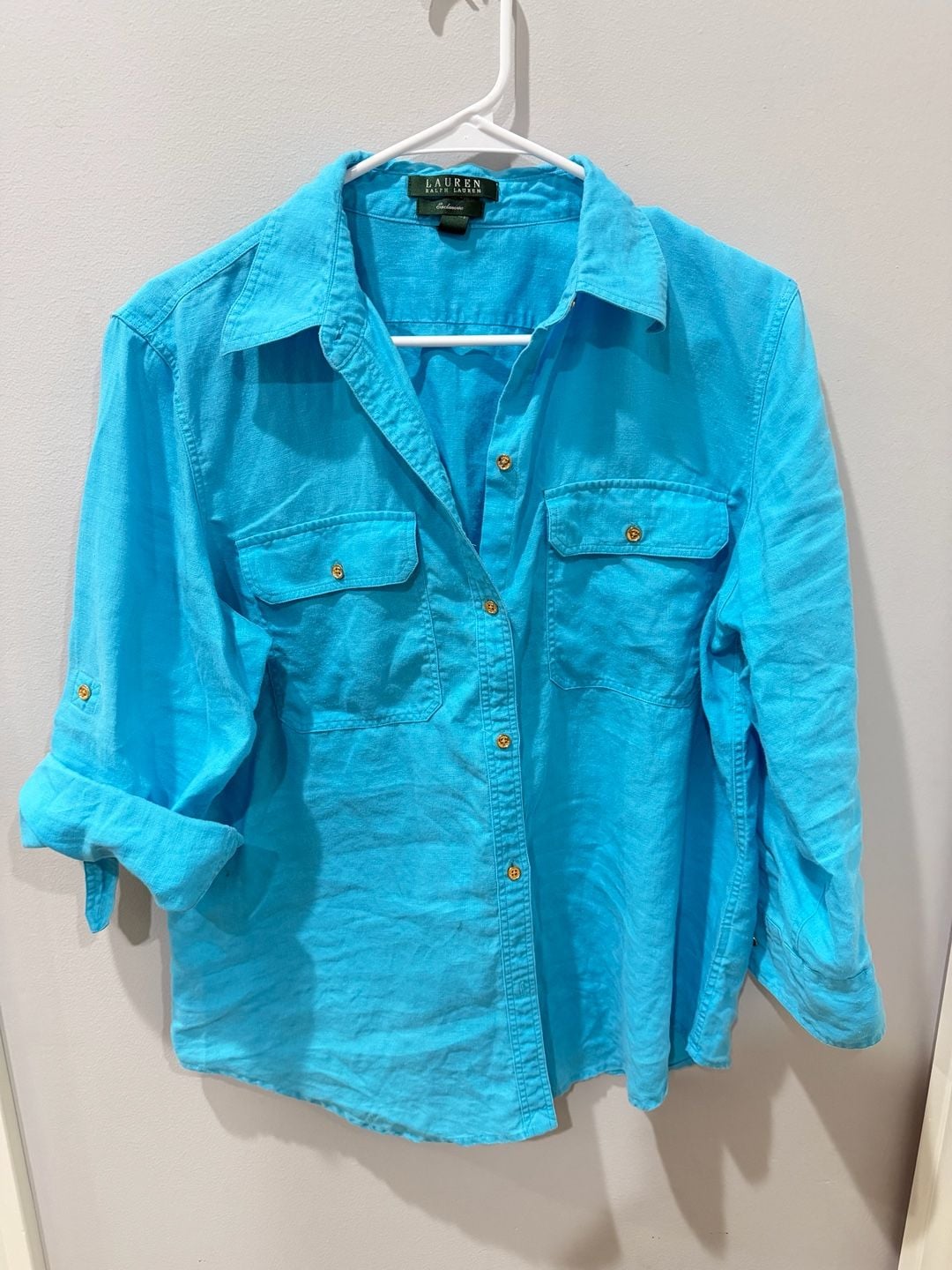 Women’s Ralph Lauren Linen Roll-Tab Sleeve classic Button Down Shirt size L 2