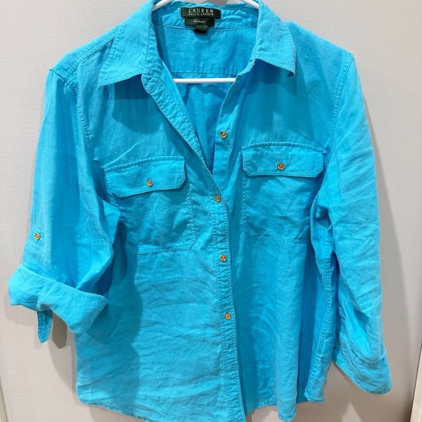 Women’s Ralph Lauren Linen Roll-Tab Sleeve classic Button Down Shirt size L