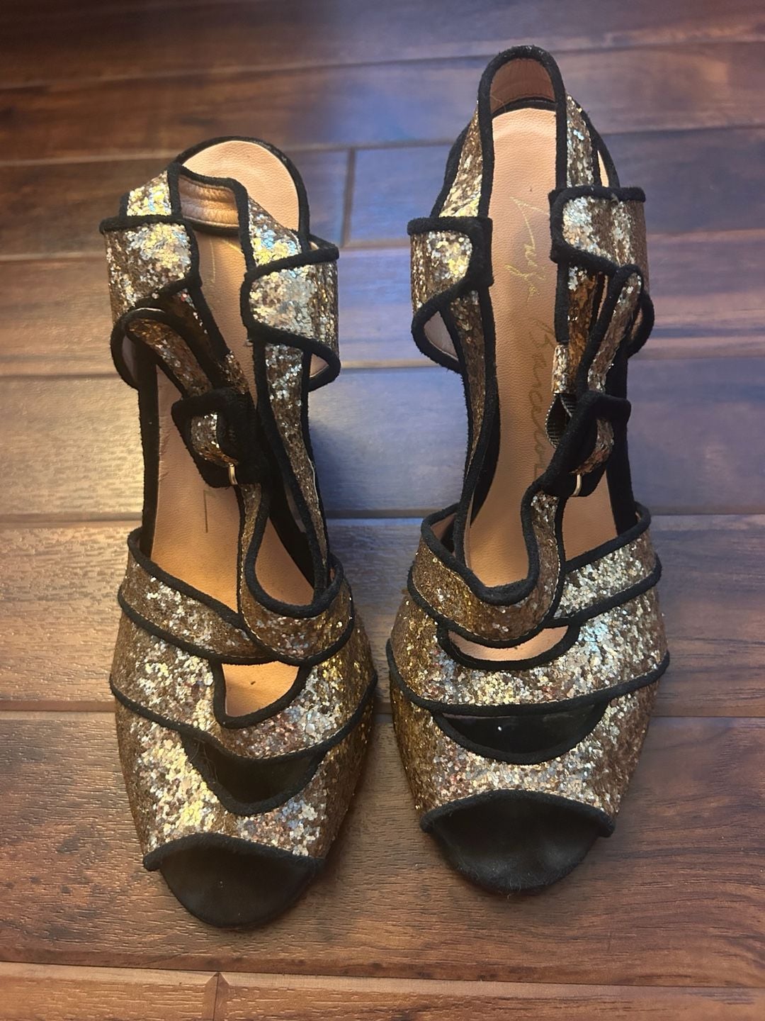 Luisa Barcelo (Anthropologie) Gold Glitter Peep Toe Buckle Heels, size 8 3