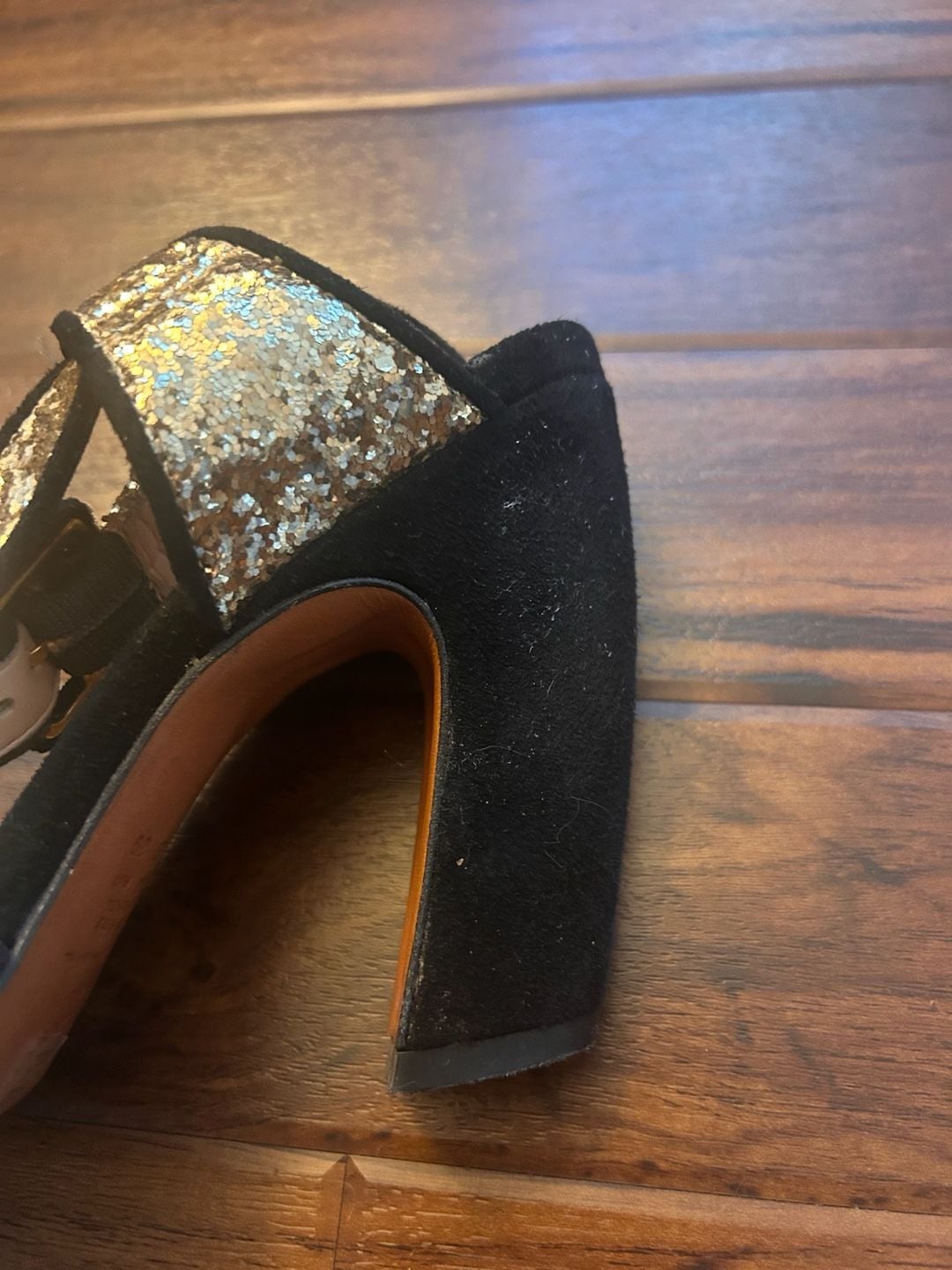 Luisa Barcelo (Anthropologie) Gold Glitter Peep Toe Buckle Heels, size 8 7