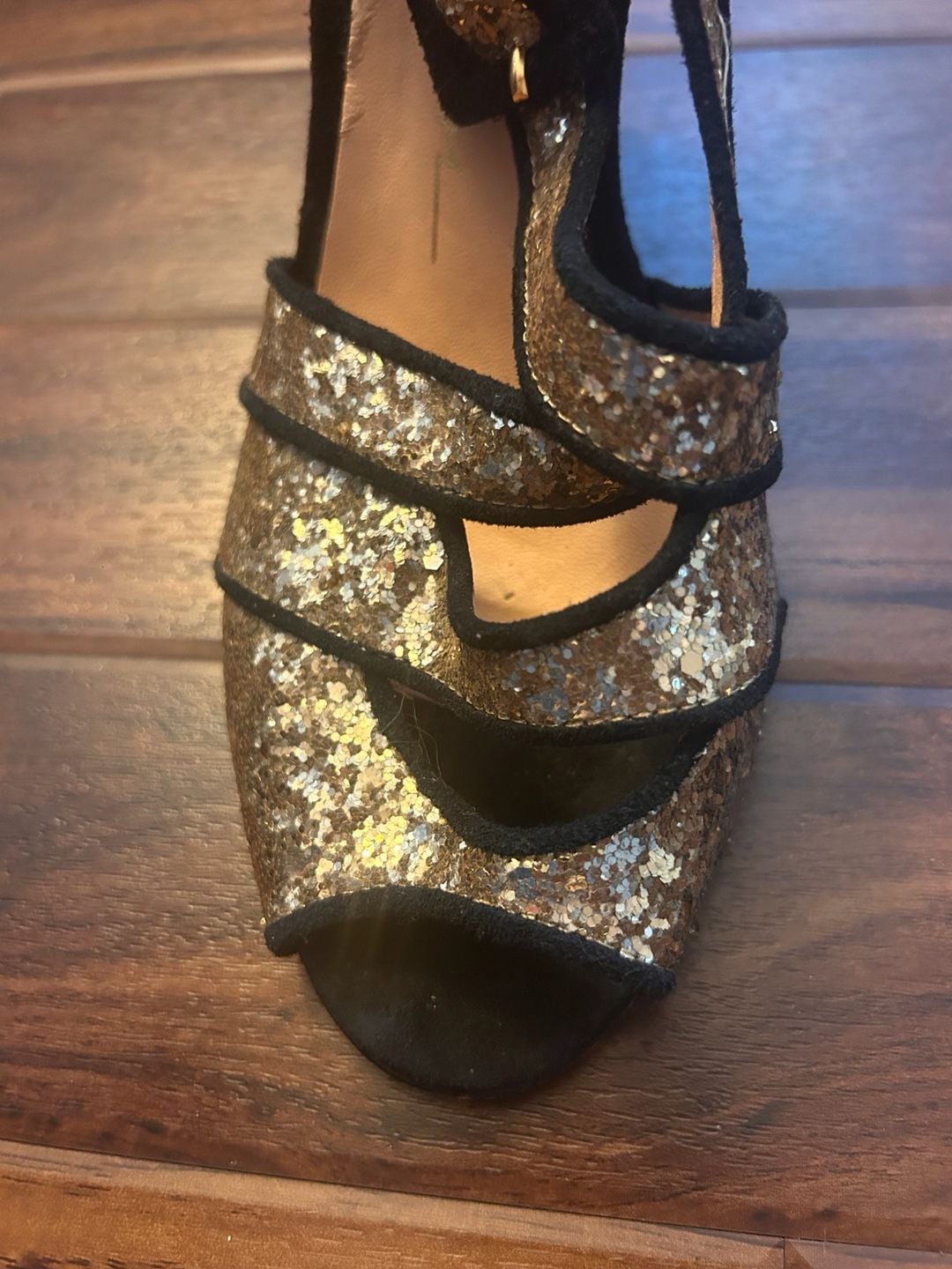 Luisa Barcelo (Anthropologie) Gold Glitter Peep Toe Buckle Heels, size 8 8