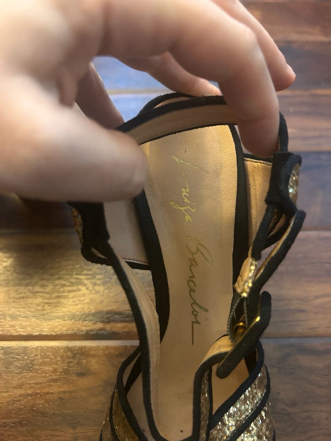 Luisa Barcelo (Anthropologie) Gold Glitter Peep Toe Buckle Heels, size 8 10