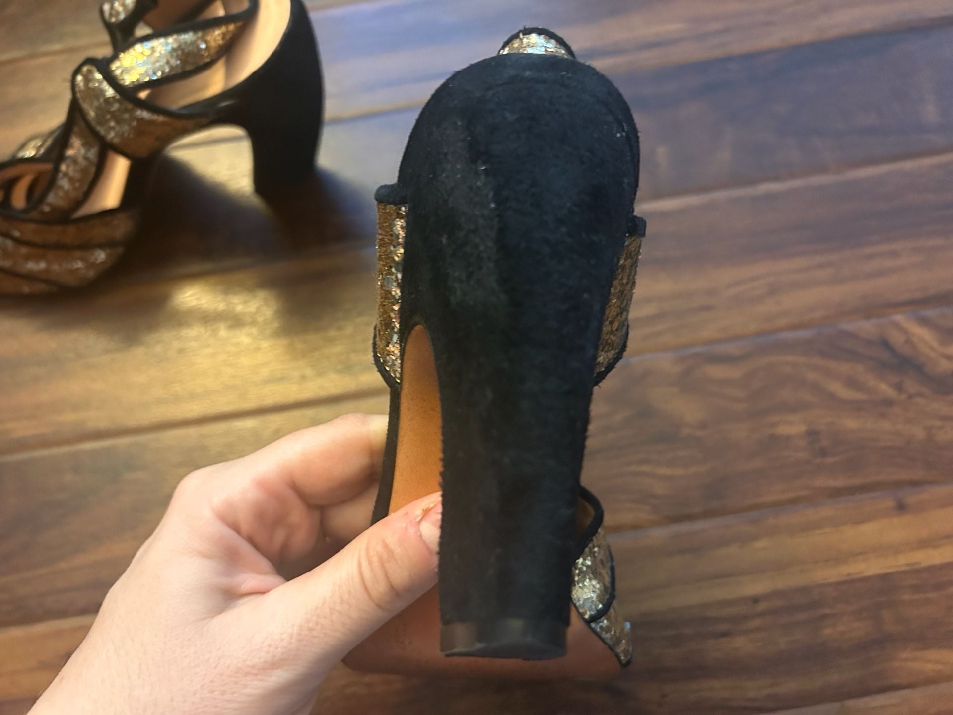 Luisa Barcelo (Anthropologie) Gold Glitter Peep Toe Buckle Heels, size 8 12