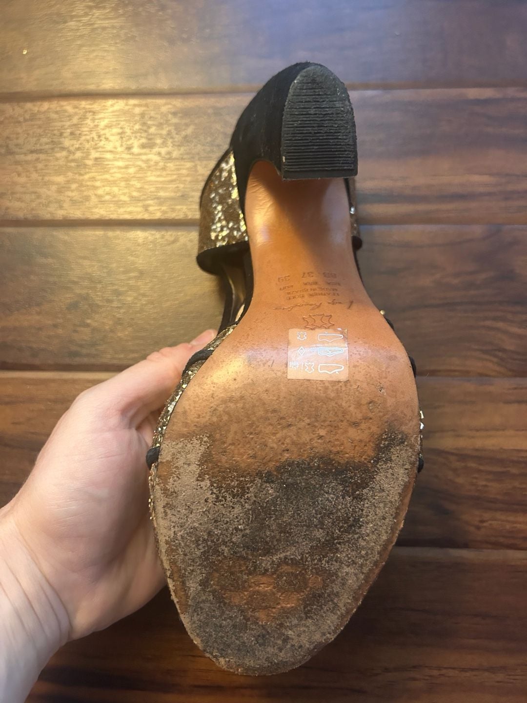 Luisa Barcelo (Anthropologie) Gold Glitter Peep Toe Buckle Heels, size 8 15
