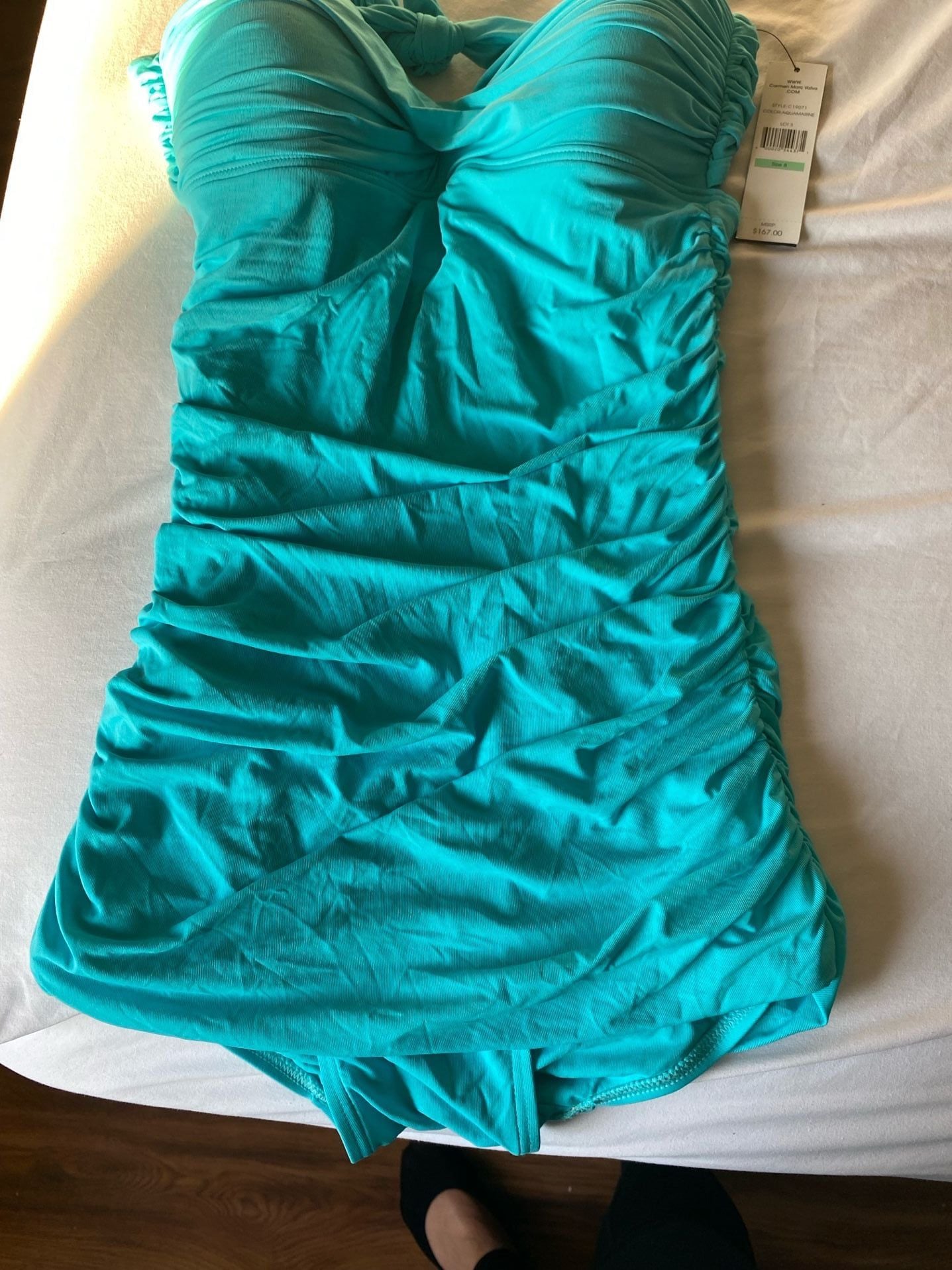 Carmen Marc Valvo Ruched Halter Swimsuit Aquamarine Size 8 1