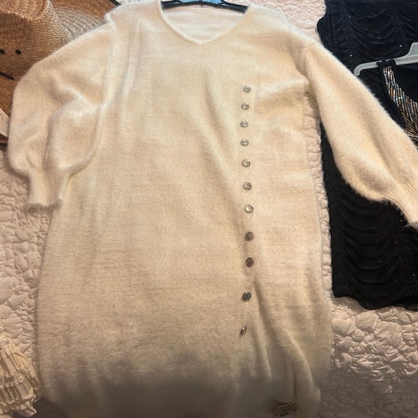 OVVABABY White Fuzzy V-Neck Button-Front Sweater Dress