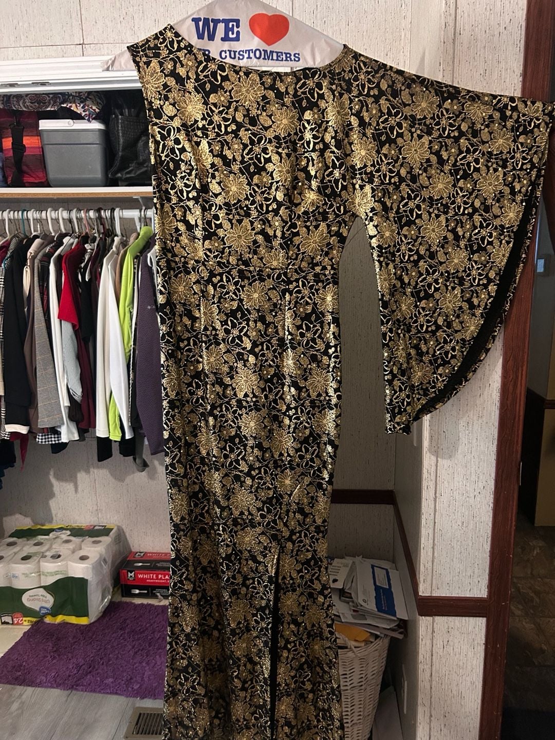 Vintage Black and Gold Floral Metallic Bell Sleeve Maxi Dress 1