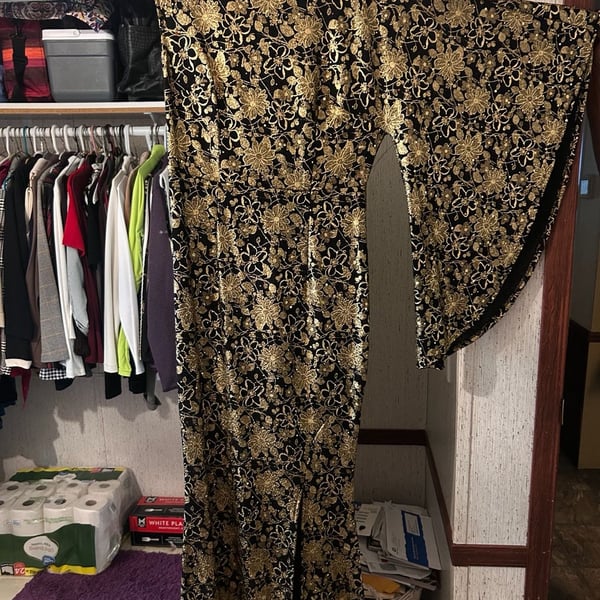 Vintage Black and Gold Floral Metallic Bell Sleeve Maxi Dress