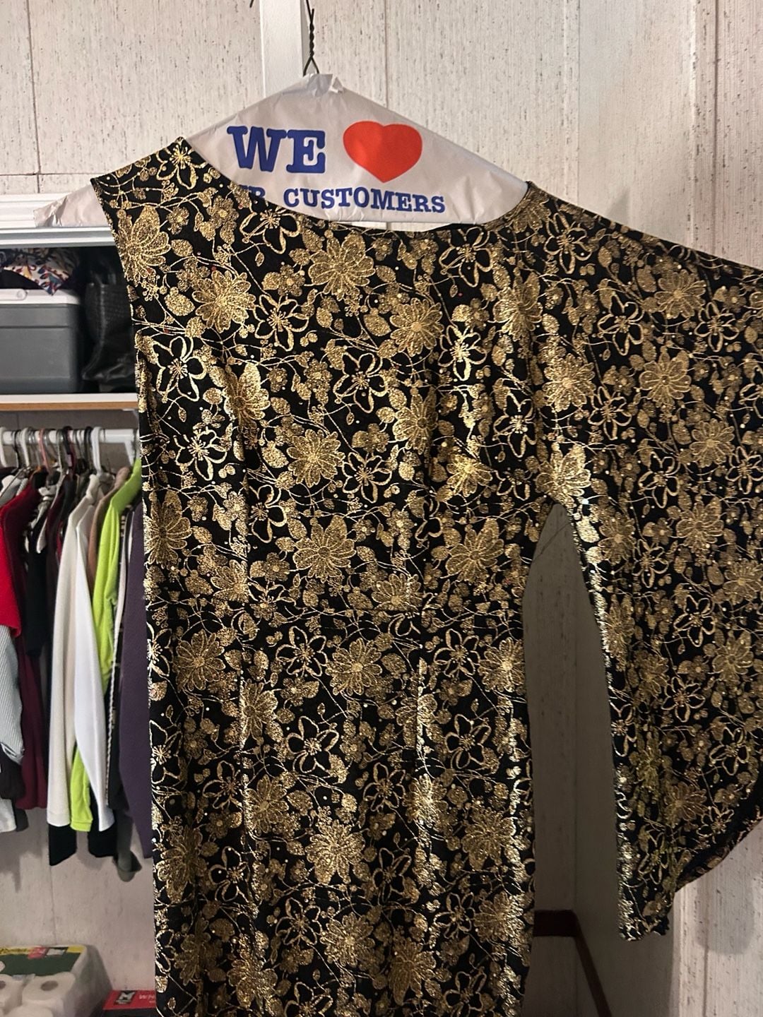 Vintage Black and Gold Floral Metallic Bell Sleeve Maxi Dress 3