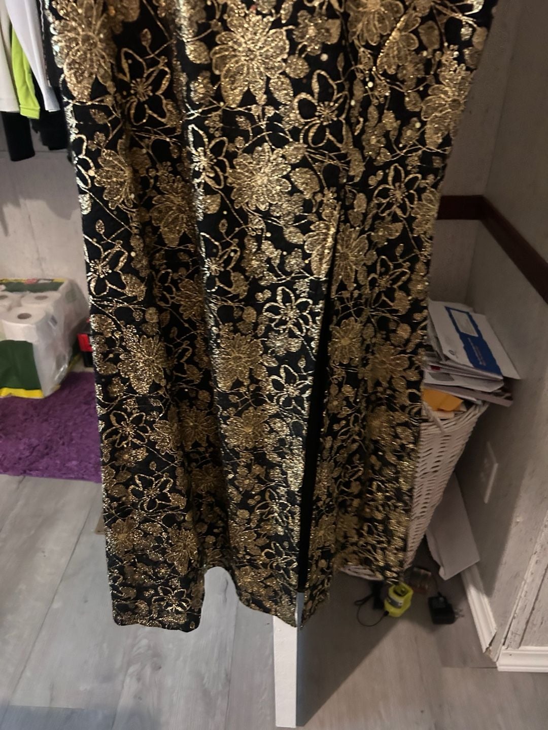 Vintage Black and Gold Floral Metallic Bell Sleeve Maxi Dress 4