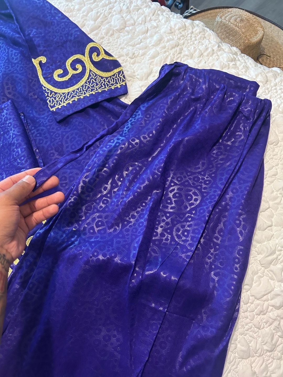 Traditional African Dashiki 3-Piece Set Tunic Pants and Headwrap Purple Gold 8