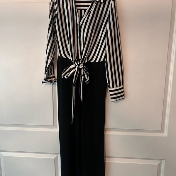 Cato Black and White Striped Tie-Front Jumpsuit Size S