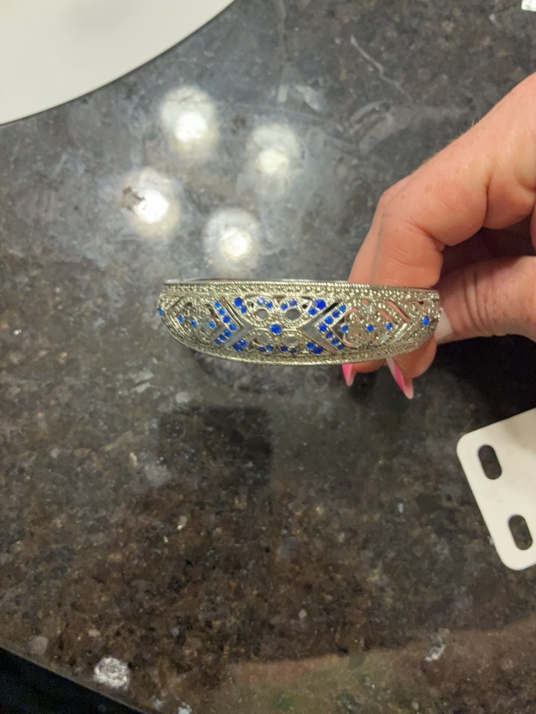 Vtg 925 silver hinged bangle Bracelet sapphire & diamonds, stamped 7.25” Lot 335 2