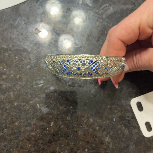 Vtg 925 silver hinged bangle Bracelet sapphire & diamonds, stamped 7.25” Lot 335