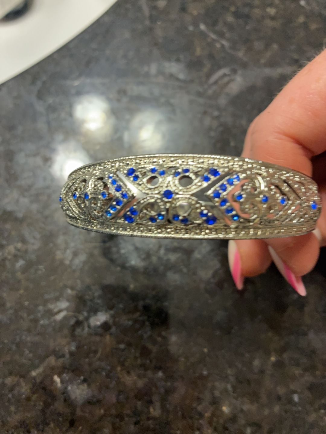 Vtg 925 silver hinged bangle Bracelet sapphire & diamonds, stamped 7.25” Lot 335 3