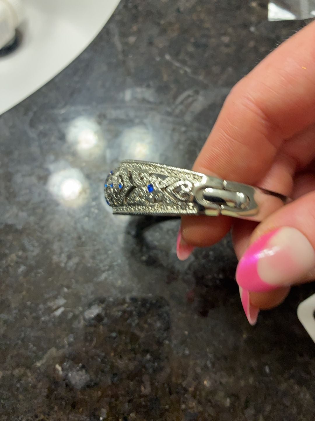 Vtg 925 silver hinged bangle Bracelet sapphire & diamonds, stamped 7.25” Lot 335 4