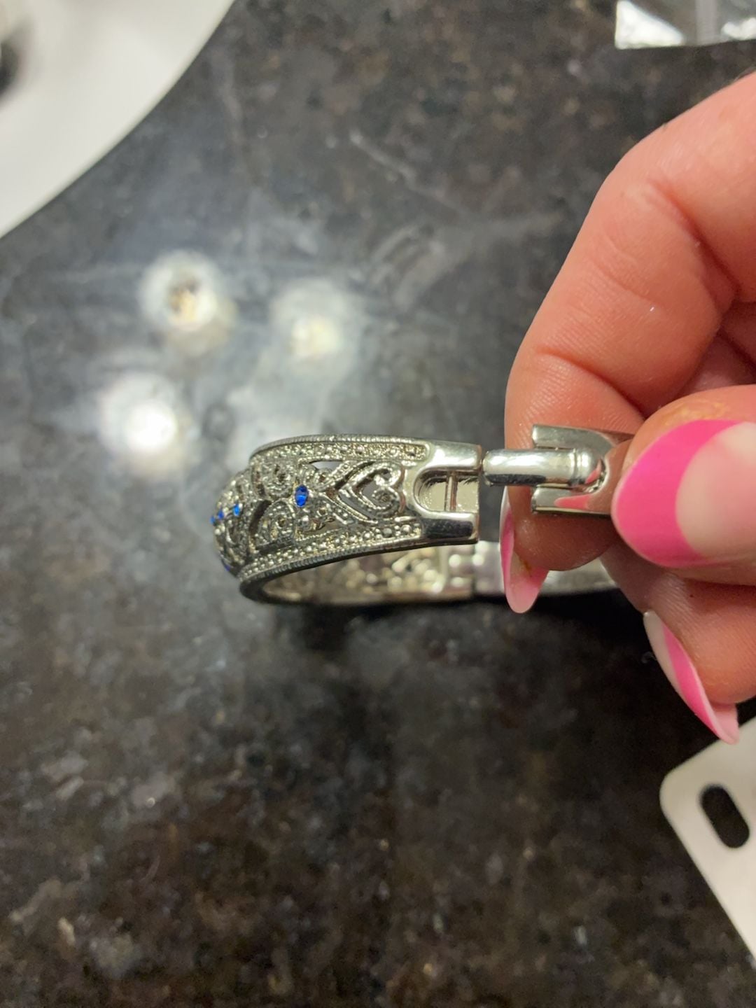 Vtg 925 silver hinged bangle Bracelet sapphire & diamonds, stamped 7.25” Lot 335 5