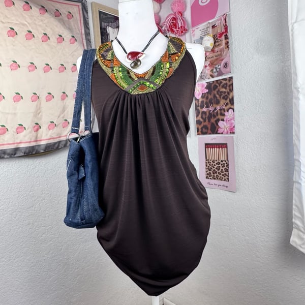 IZ Byer Brown Beaded Embellished Racerback Tank Top Size S y2k vintage 