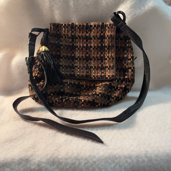Vintage Woven Leather Multi-Color Crossbody Bag with Tassel