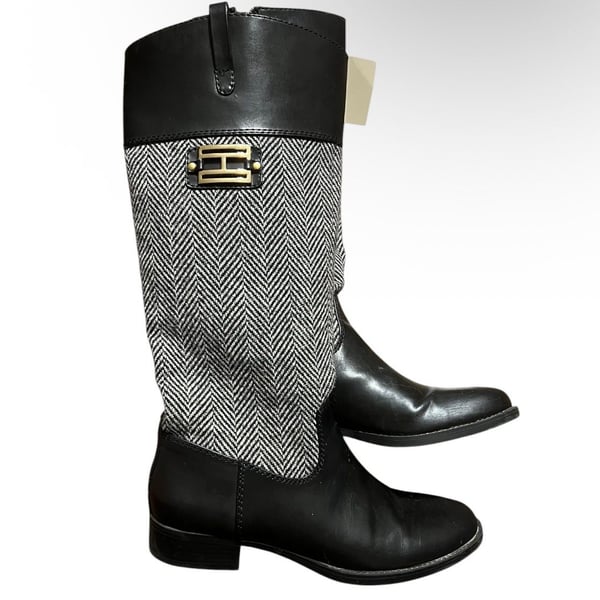 Tommy Hilfiger Women's Black and White Herringbone Riding Boots Size 8M