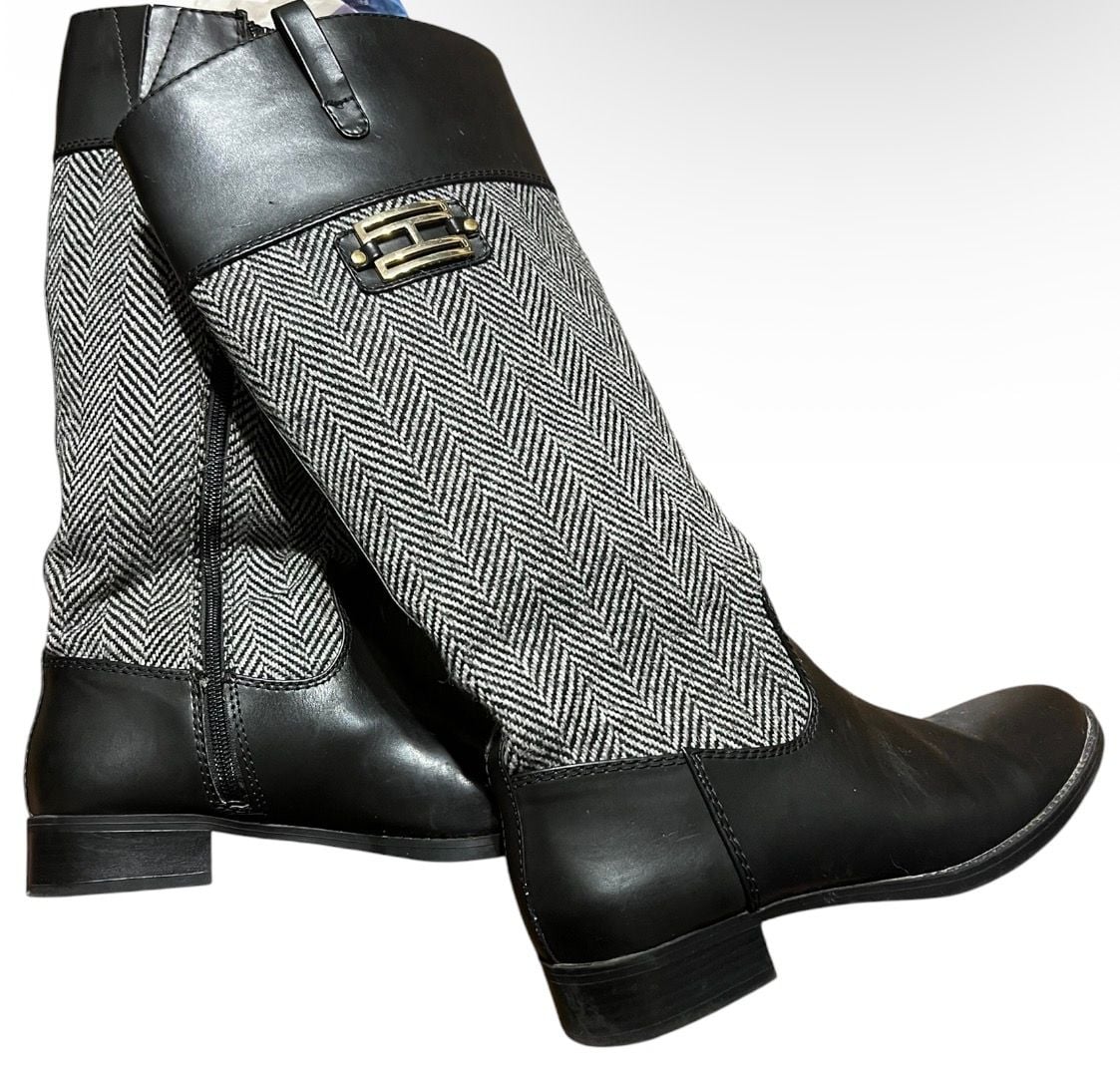 Tommy Hilfiger Women's Black and White Herringbone Riding Boots Size 8M 3