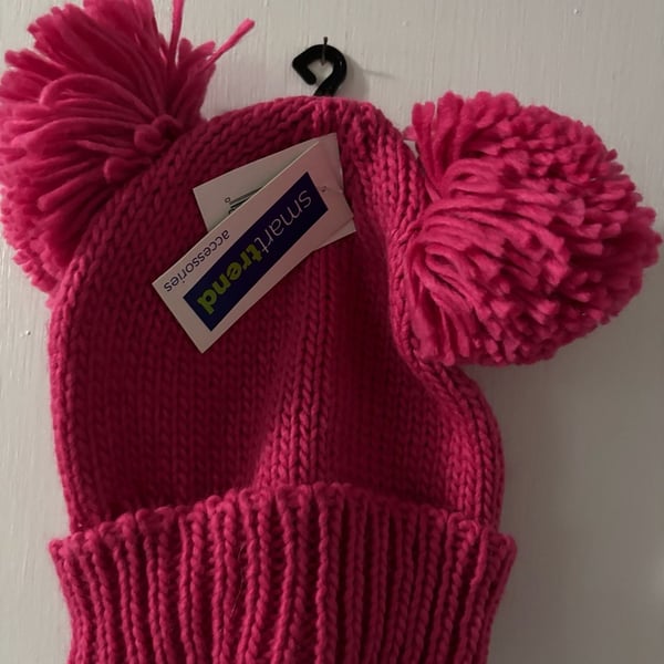 Smarttrend Accessories Hot Pink Double Pom Pom Knit Beanie
