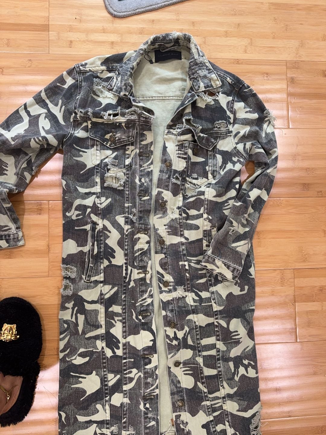 Mustard Seed Women's Distressed Camo Long Denim Jacket Size S 4